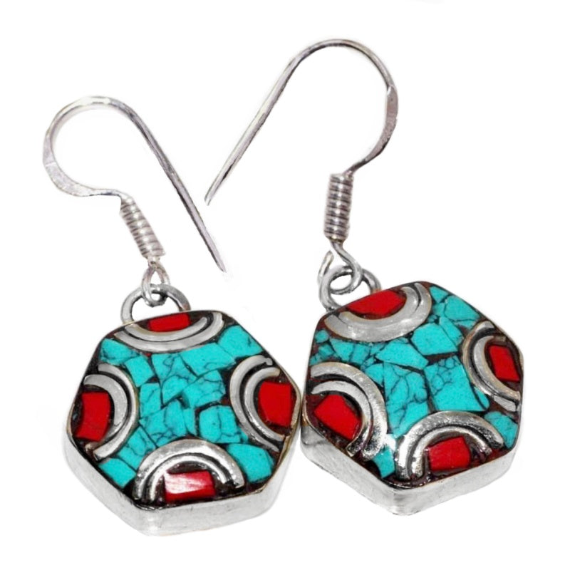 Handmade from Nepal Natural Turquoise Red Coral Hexagonal Shape Gemstone Earrings