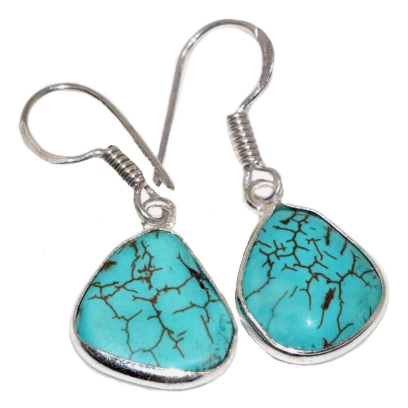 Dainty Natural Spider Web Matrix Turquoise Gemstone .925 Sterling Silver Earrings