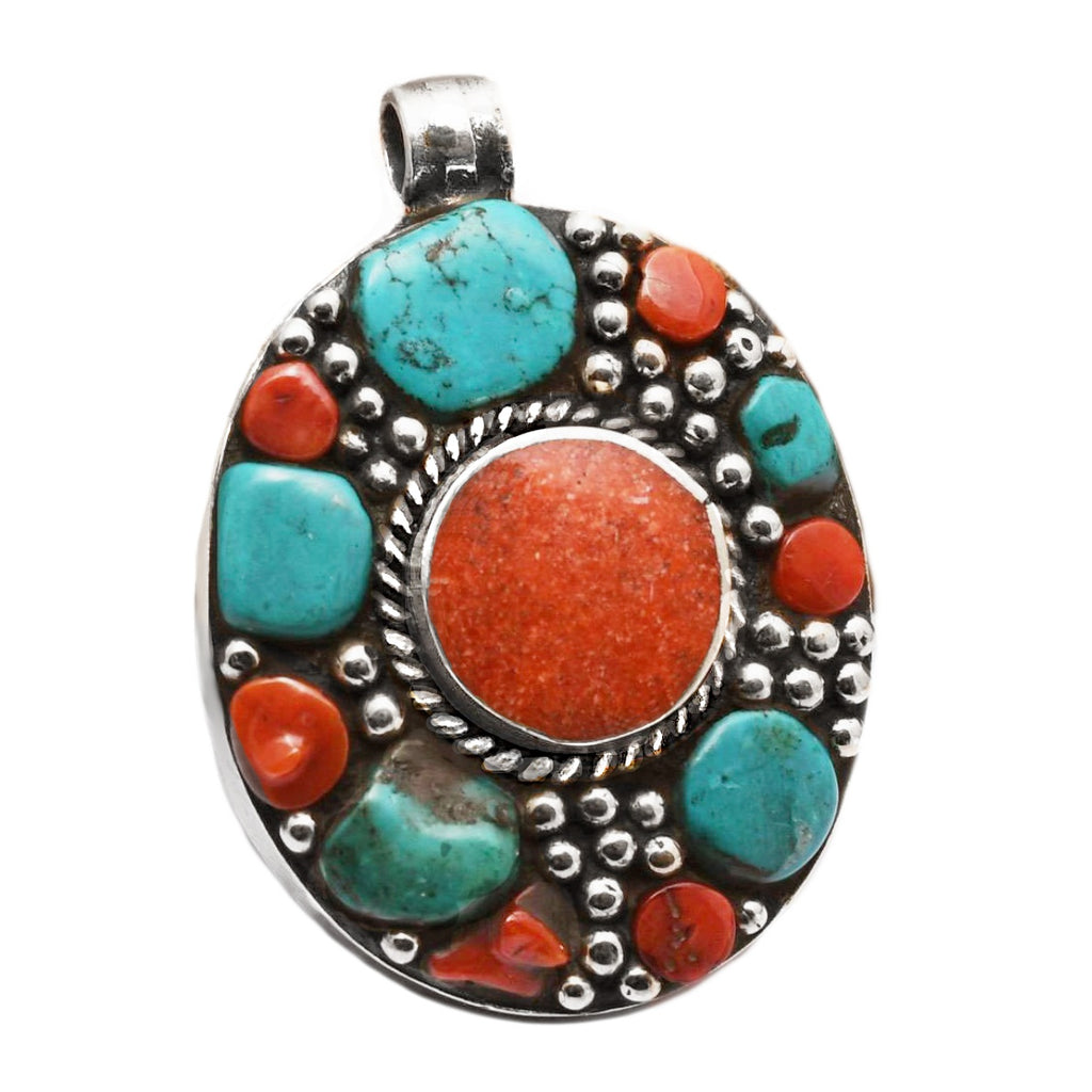 Handmade from Nepal Natural Turquoise, Coral Gemstone Oval Pendant