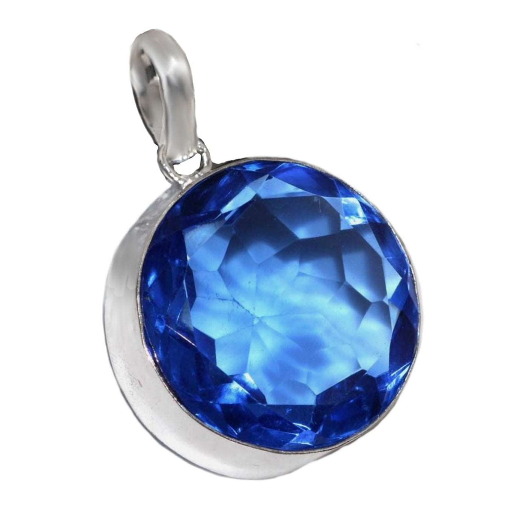 Handmade Bold Round Sapphire Blue Quartz Gemstone  925 Sterling Silver Pendant