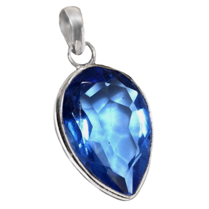 Handmade Sapphire Blue Quartz Gemstone Pear 925 Sterling Silver Pendant
