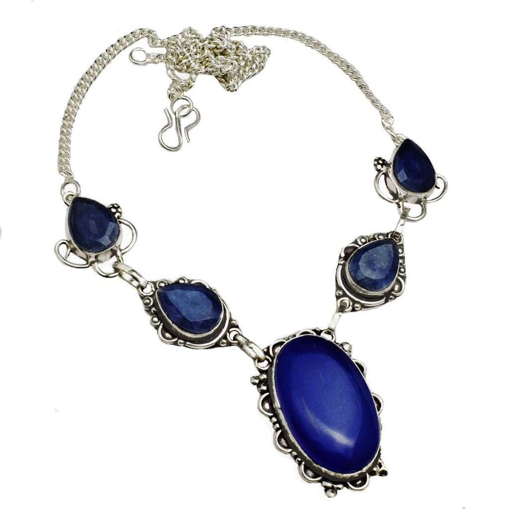 Handmade Antique Style Indian Sapphire Mixed Shape Gemstone 925 Silver Necklace