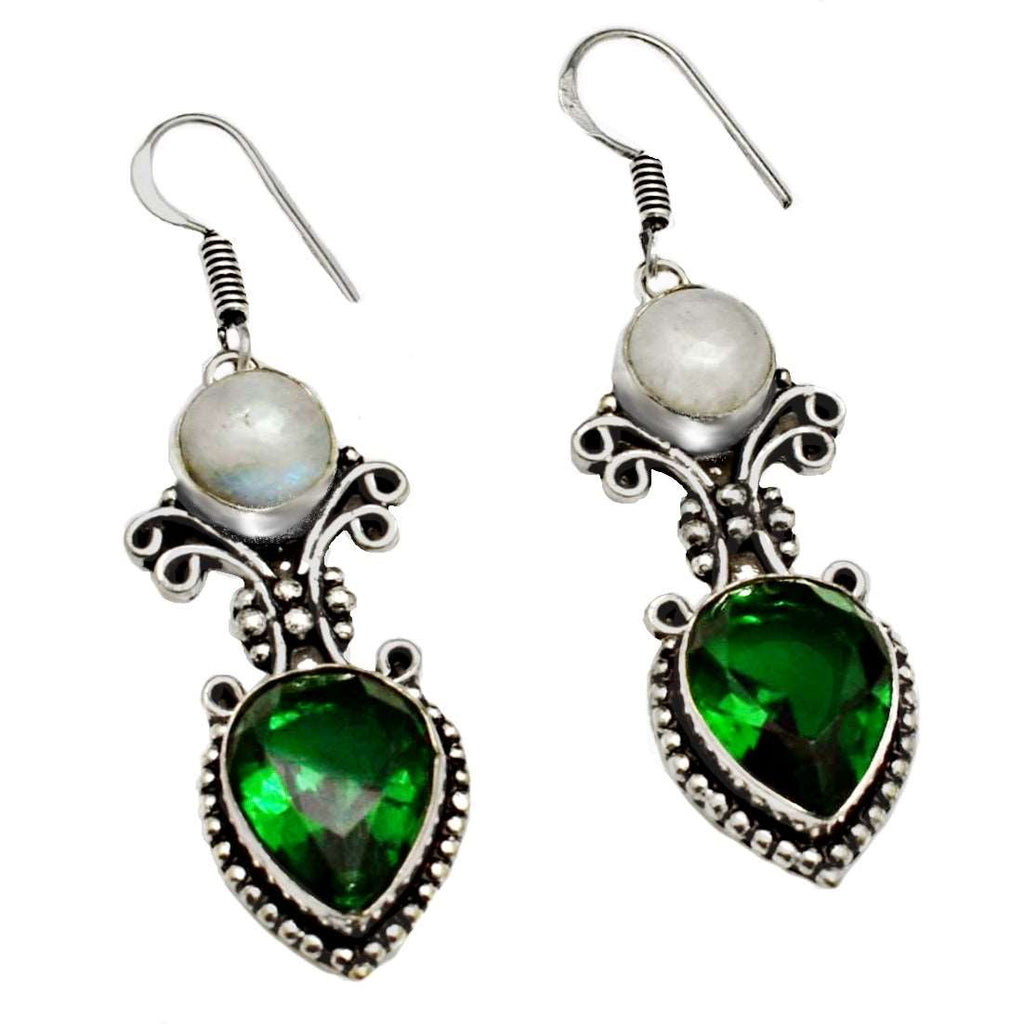 Handmade Natural Moonstone and Emerald Quartz Gemstone 925 Sterling Silver Earrings