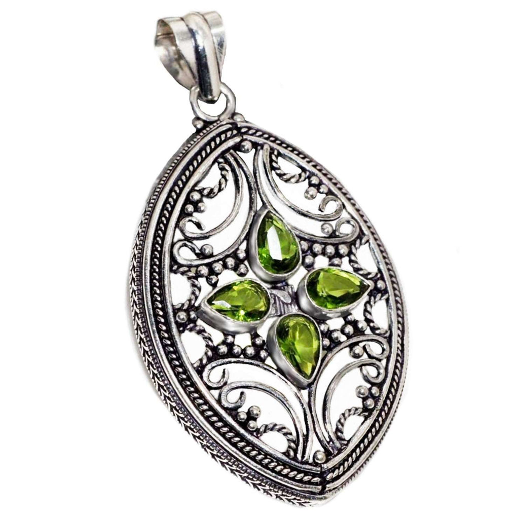 Handmade Ornate Peridot Pears Gemstone .925 Silver Marquise Shape Pendant