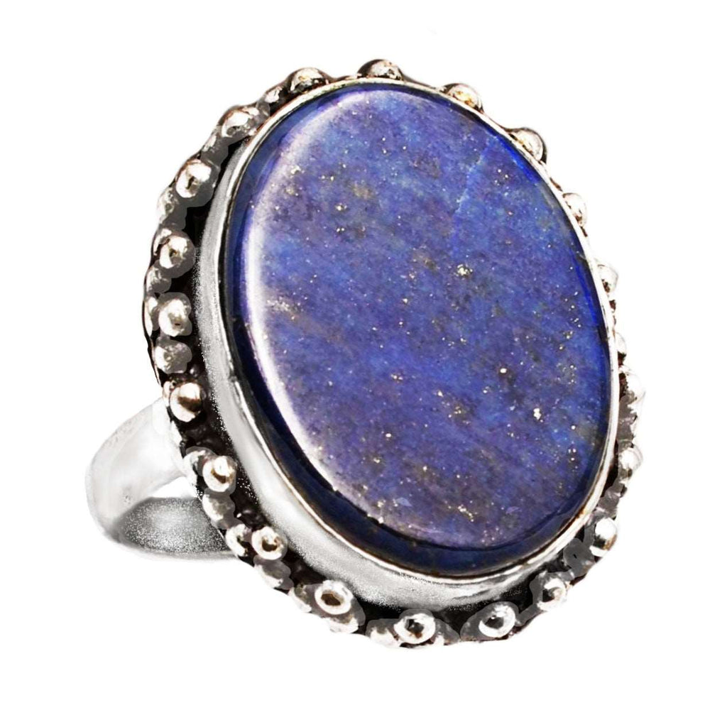 Handmade Natural Lapis Lazuli Oval Gemstone .925 Silver Ring Size US 9 or R1/2
