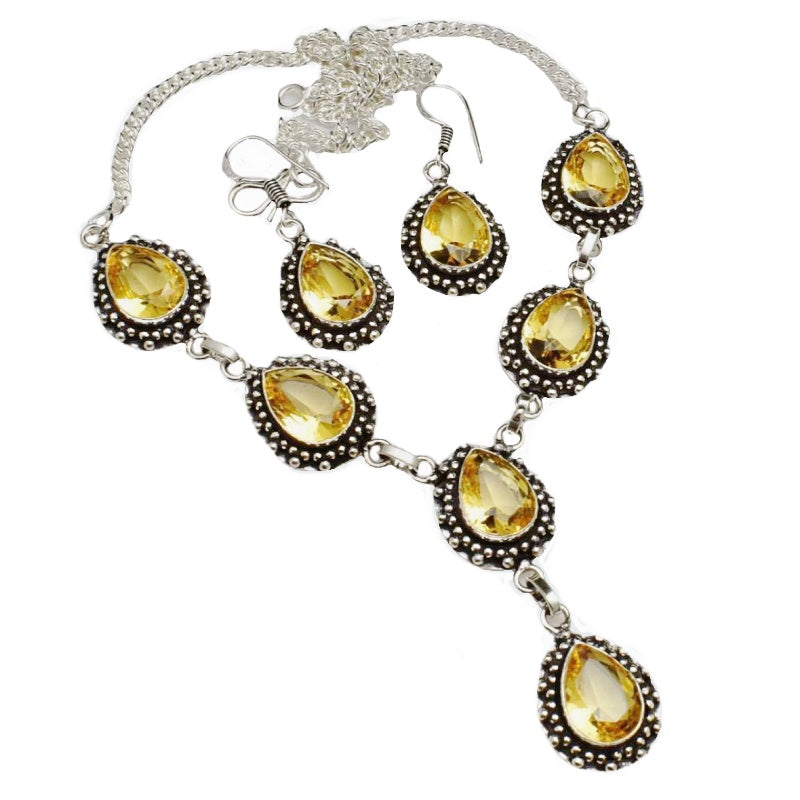 Handmade Antique Style Citrine Pears.925 Sterling Silver Necklace and Earrings Set