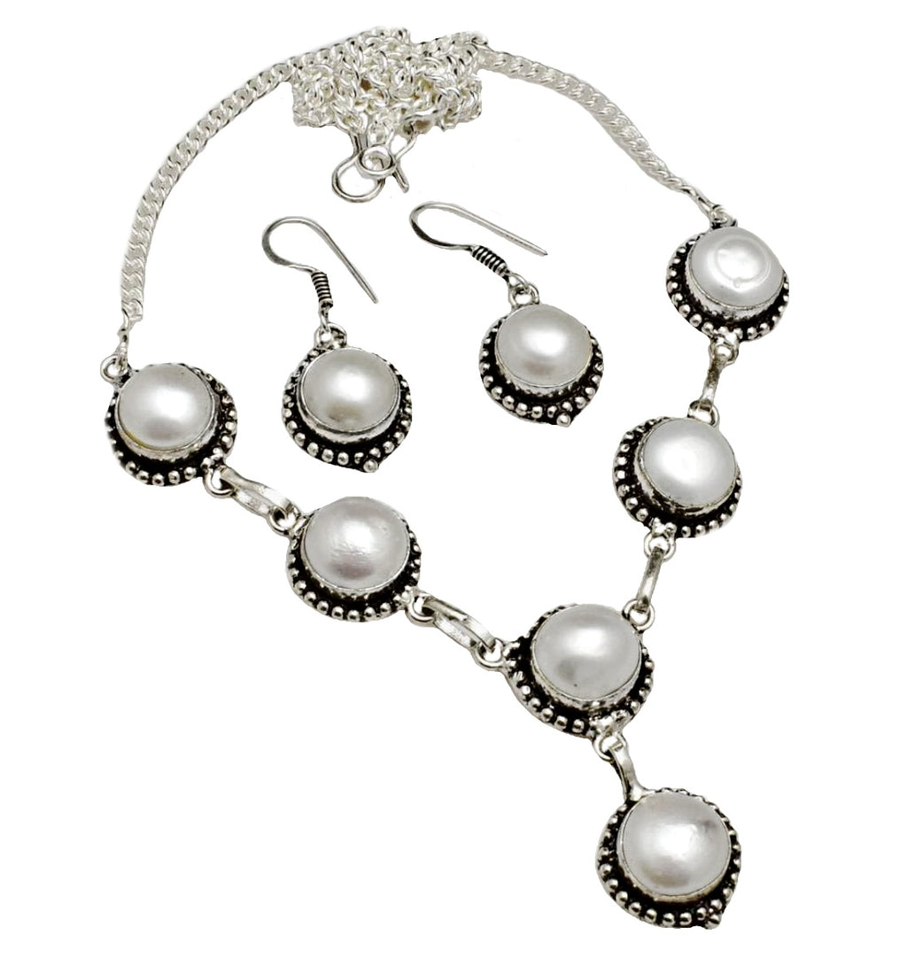 Handmade Antique Style White River Pearl. 925 Sterling Silver Necklace and Earrings Set