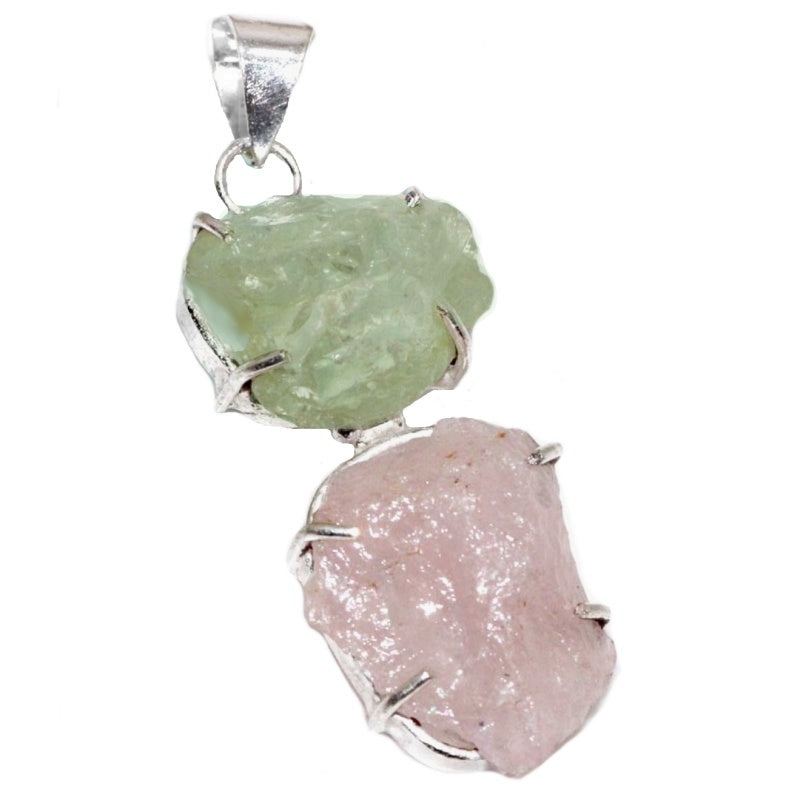 Handmade Natural Rough Rose Quartz and Green Amethyst Gemstone 925 Sterling Silver Pendant