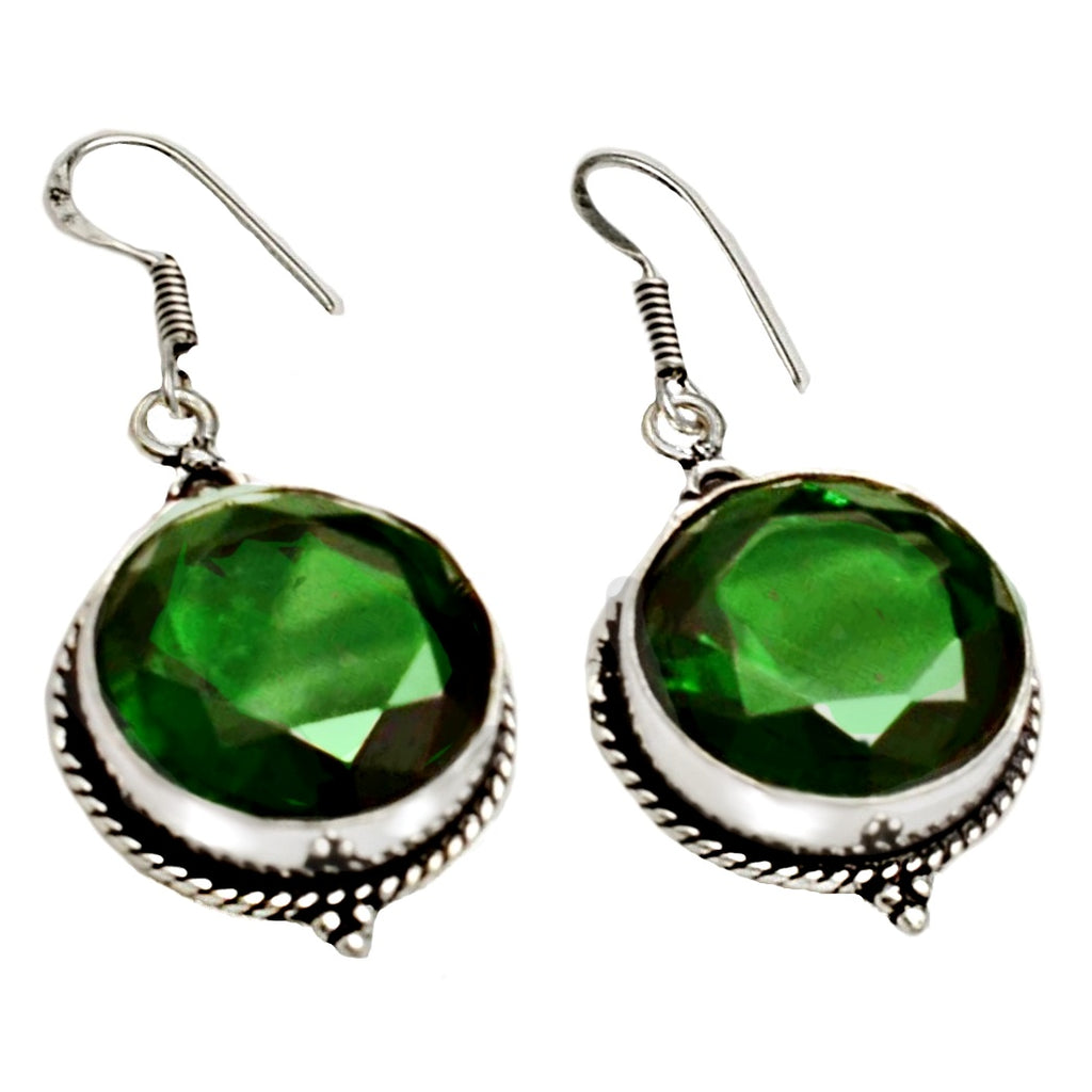Handmade Faceted Round Emerald Quartz Gemstone 925 Sterling Silver Earrings