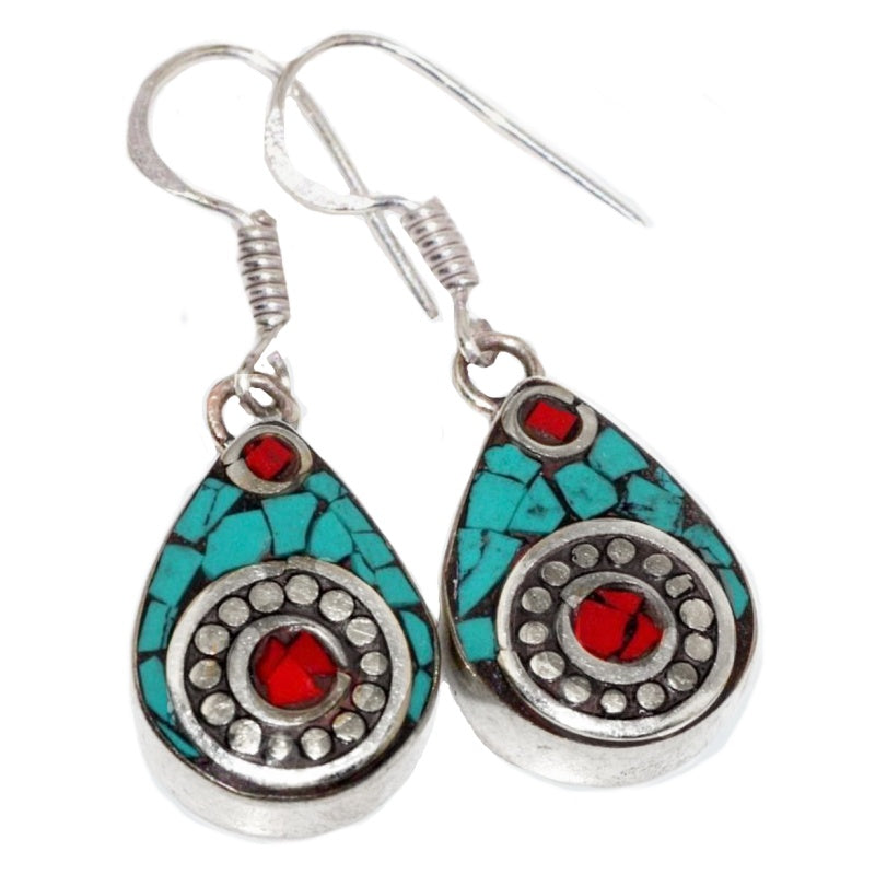 Handmade from Nepal Natural Turquoise, Red Coral Gemstone Earrings