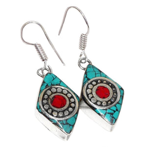 Handmade from Nepal Natural  Red Coral Turquoise Diamond Shape Gemstone Earrings