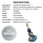Beautiful Natural Blue Fire Labradorite, Amethyst Gemstone .925 Silver Pendant