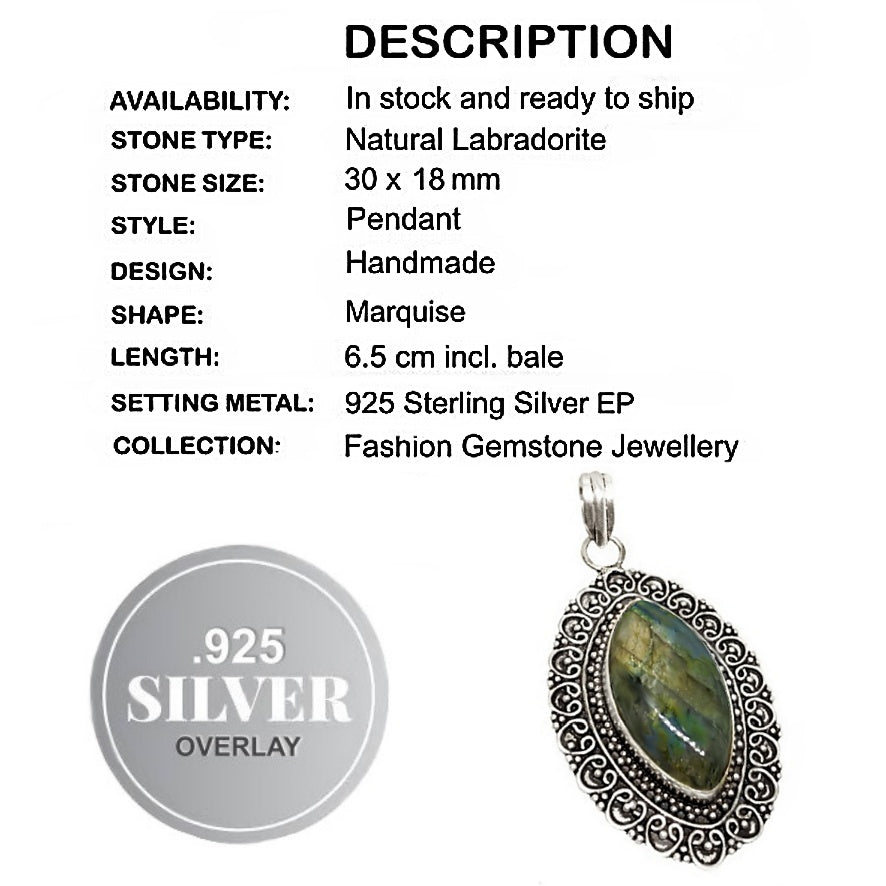 Natural Marquise Fiery Labradorite Gemstone .925 Silver Pendant