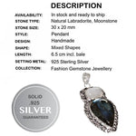 Antique Style Natural Fiery Labradorite, Moonstone Gemstone  .925 Silver Pendant