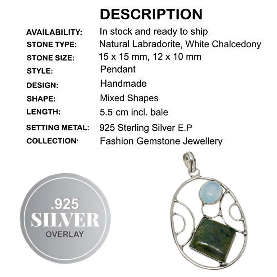 Modern Natural Labradorite Chalcedony Gemstone .925 Silver Pendant