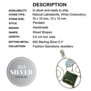 Modern Natural Labradorite Chalcedony Gemstone .925 Silver Pendant