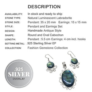 Antique Style Natural Blue Fire Labradorite .925 Sterling Silver Pendant and Earrings Set