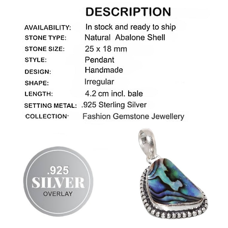 Natural Irregular Shape Abalone Gemstone 925 Sterling Silver Pendant