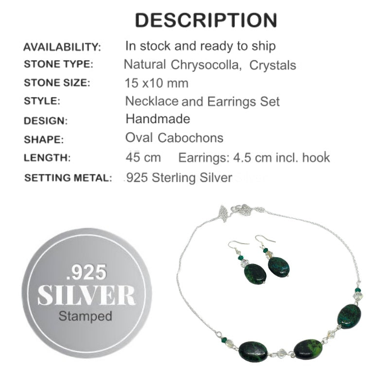Natural Chrysocolla and Crystal beads .925 Sterling Silver Necklace & Earrings Set