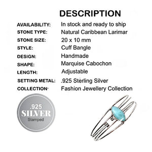 Natural Caribbean Larimar Gemstone .925 Sterling Silver Cuff Bangle