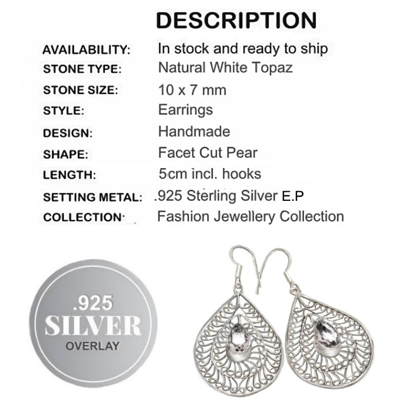 Natural White Topaz Gemstone .925 Silver Earrings