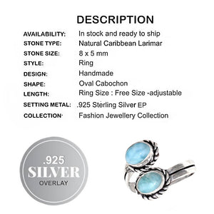 Natural Caribbean Larimar .925 Sterling Silver EP Ring Adjustable Free Size