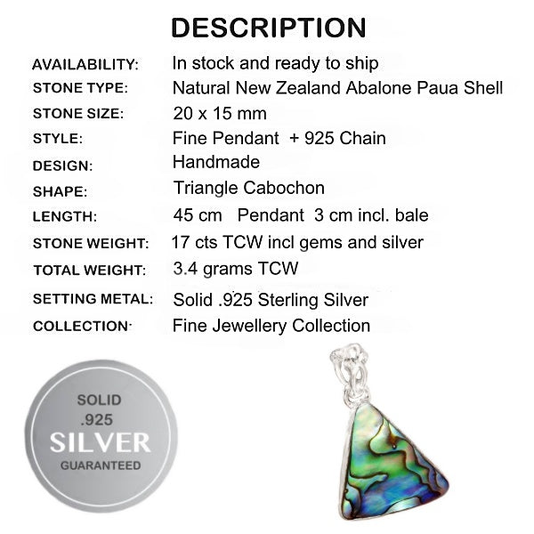 Natural New Zealand Abalone Shell Solid .925 Sterling Silver Pendant & 925 Chain