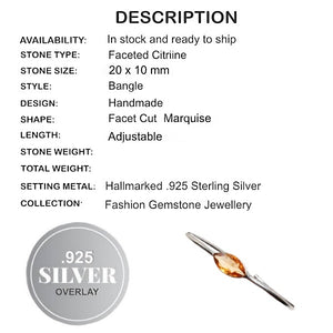 Handmade Faceted Marquise Citrine Gemstone Set in .925 Silver Adjustable Bangle - BELLADONNA