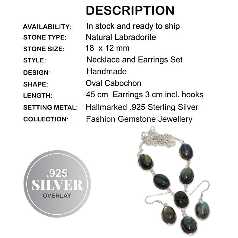 Natural Labradorite Gemstone 925 Silver Necklace &  Earrings Set