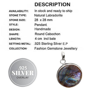 Natural Round Luminescent Labradorite Gemstone .925 Silver Pendant