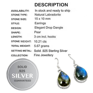 Natural Blue Fire Labradorite Pear Shape Solid .925 Silver Earrings