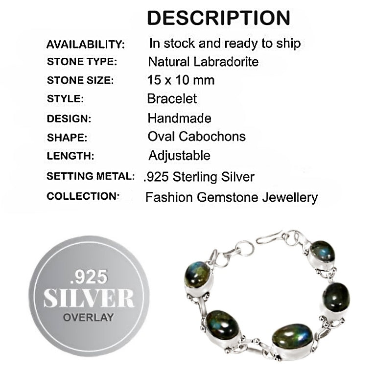 Handmade Natural Fiery Labradorite Oval Gemstones .925 Silver Bracelet