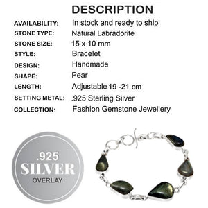 Natural Fiery Labradorite Pear Gemstone .925 Sterling Silver Bracelet