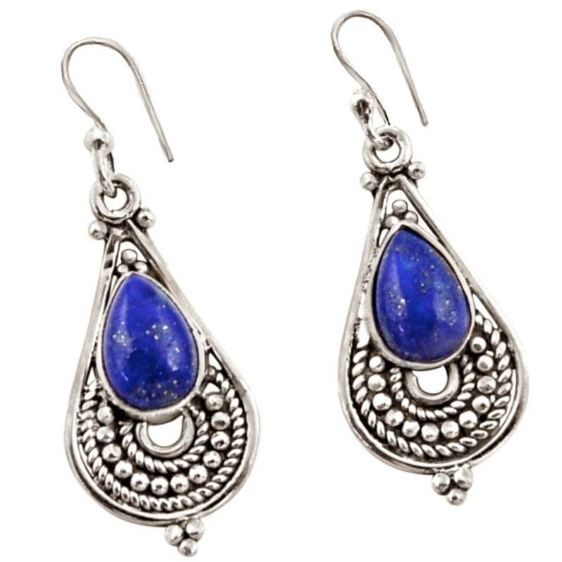 Indonesian Bali-Java Natural Lapis Lazuli, Gemstone Solid .925 Silver Earrings