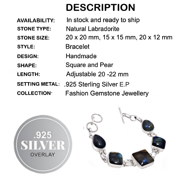 Handmade Natural Fiery Labradorite Mixed Shape Gemstones .925 Sterling Silver Bracelet
