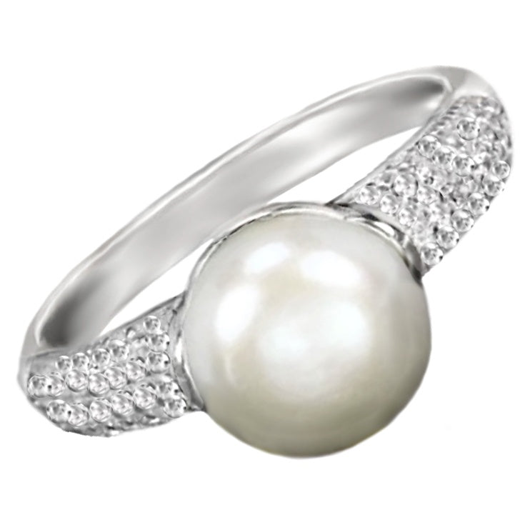 Natural Unheated White Pearl, White Cz Solid .925 Silver Size 8