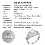 9.78 Cts Natural Creamy White Pearl, AAA Cz Solid .925 Silver Size 7 or O
