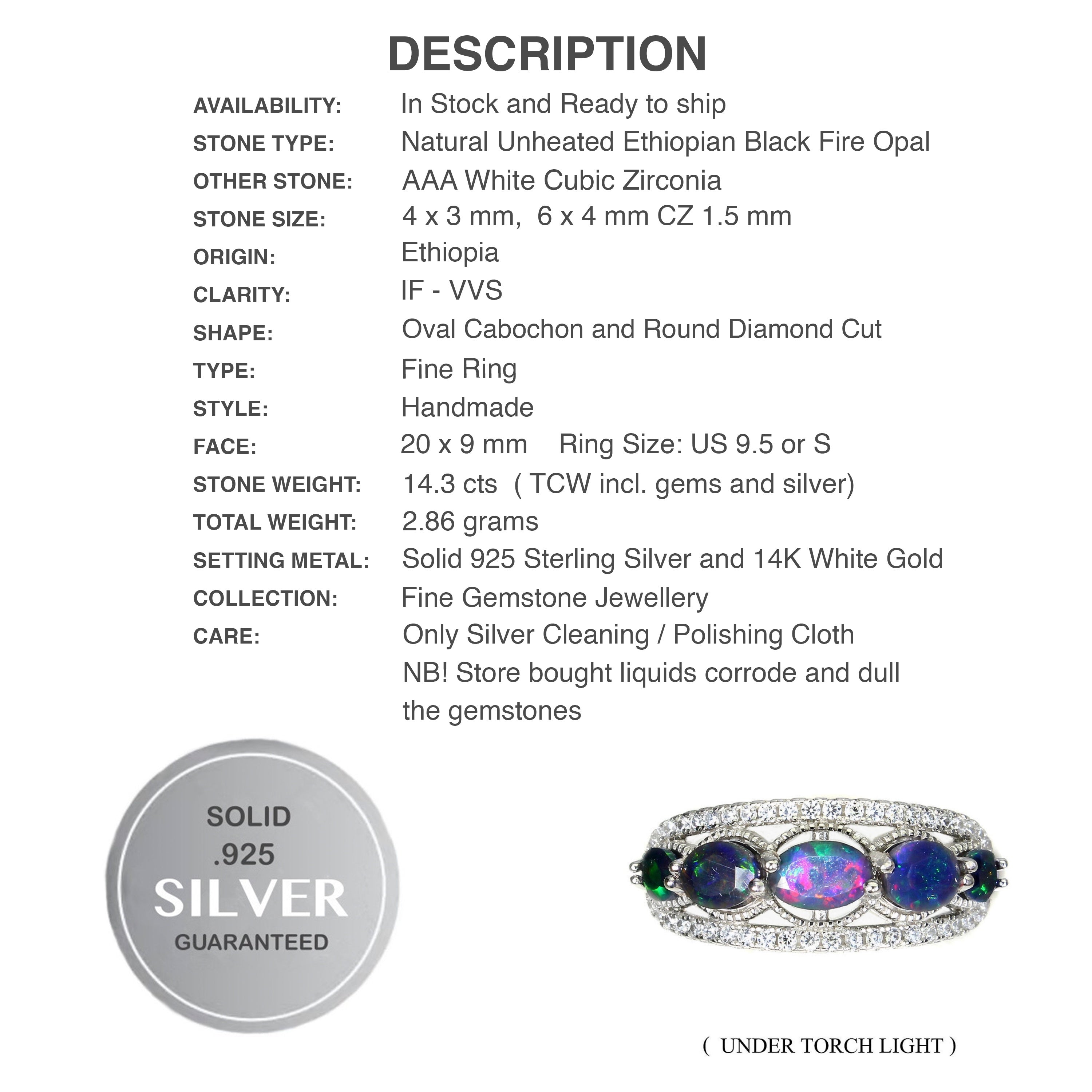 Genuine Unheated Rainbow Black Fire Opal White CZ Gemstone .925 Solid Sterling Silver Ring Sz US 9.5