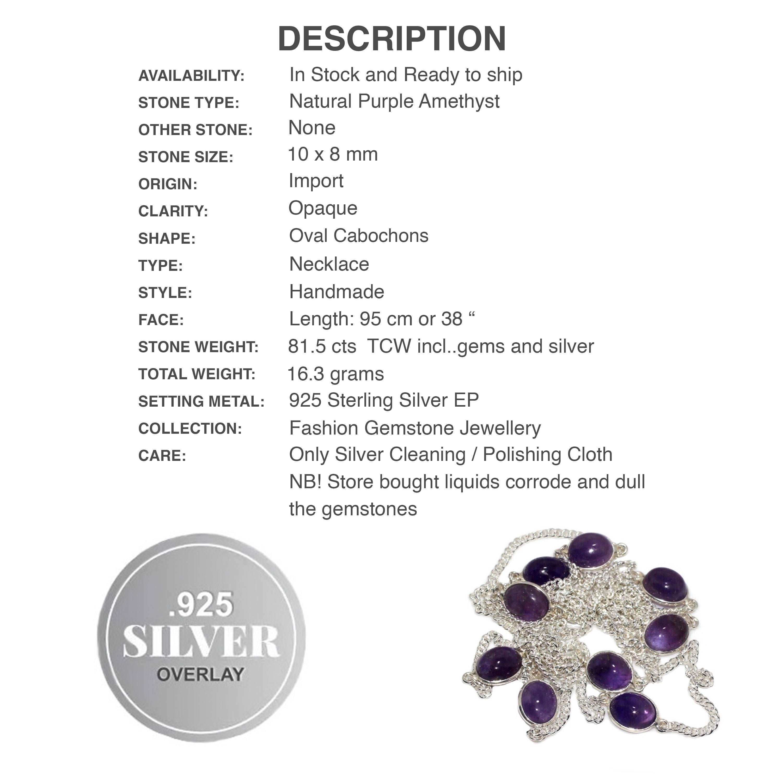 Long Handmade Natural Purple Amethyst Gemstone .925 Silver Necklace - BELLADONNA