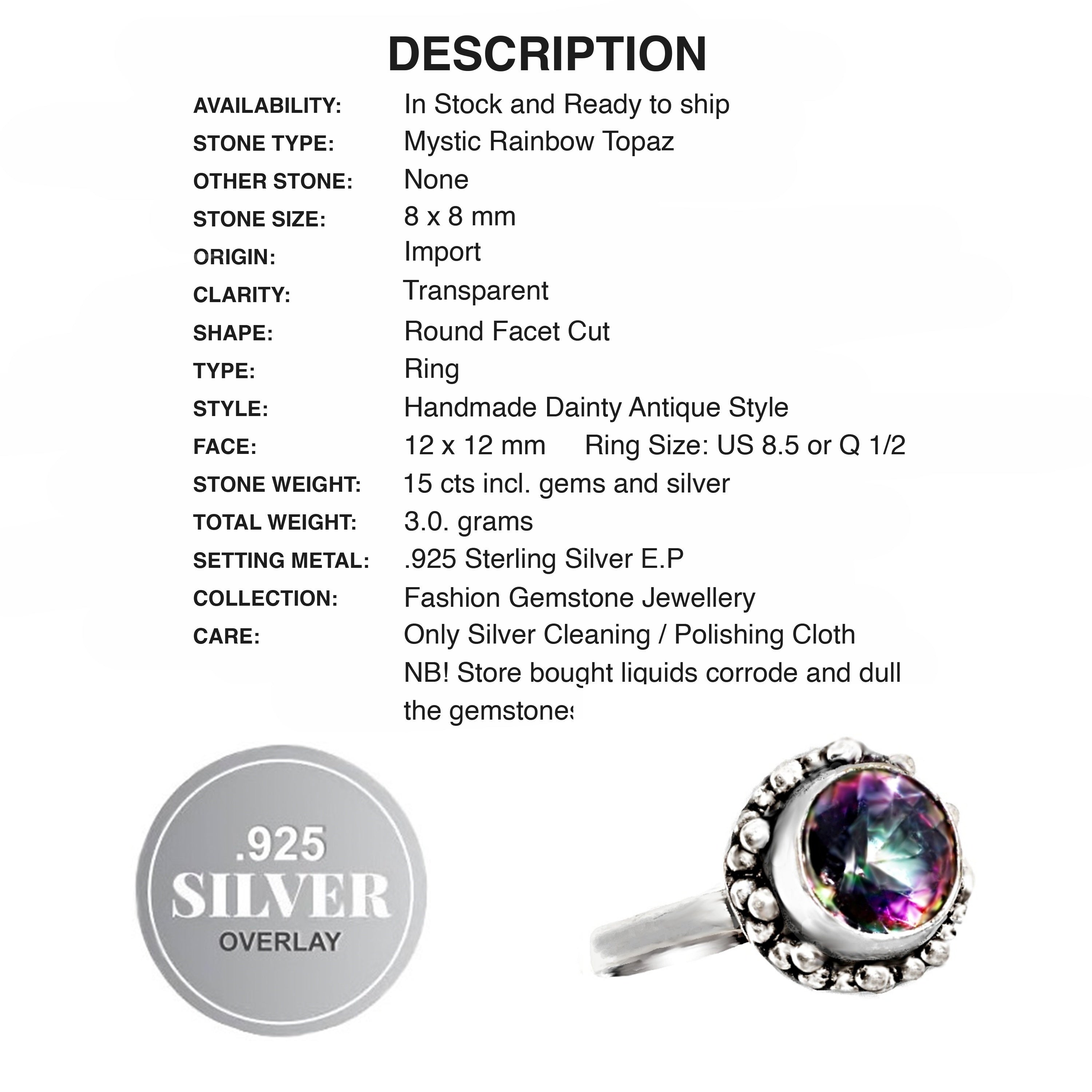 Handmade Dainty Mystic Rainbow Topaz Round Gemstone Ring .925 Sterling Silver. Size 8.5 or Q 1/2