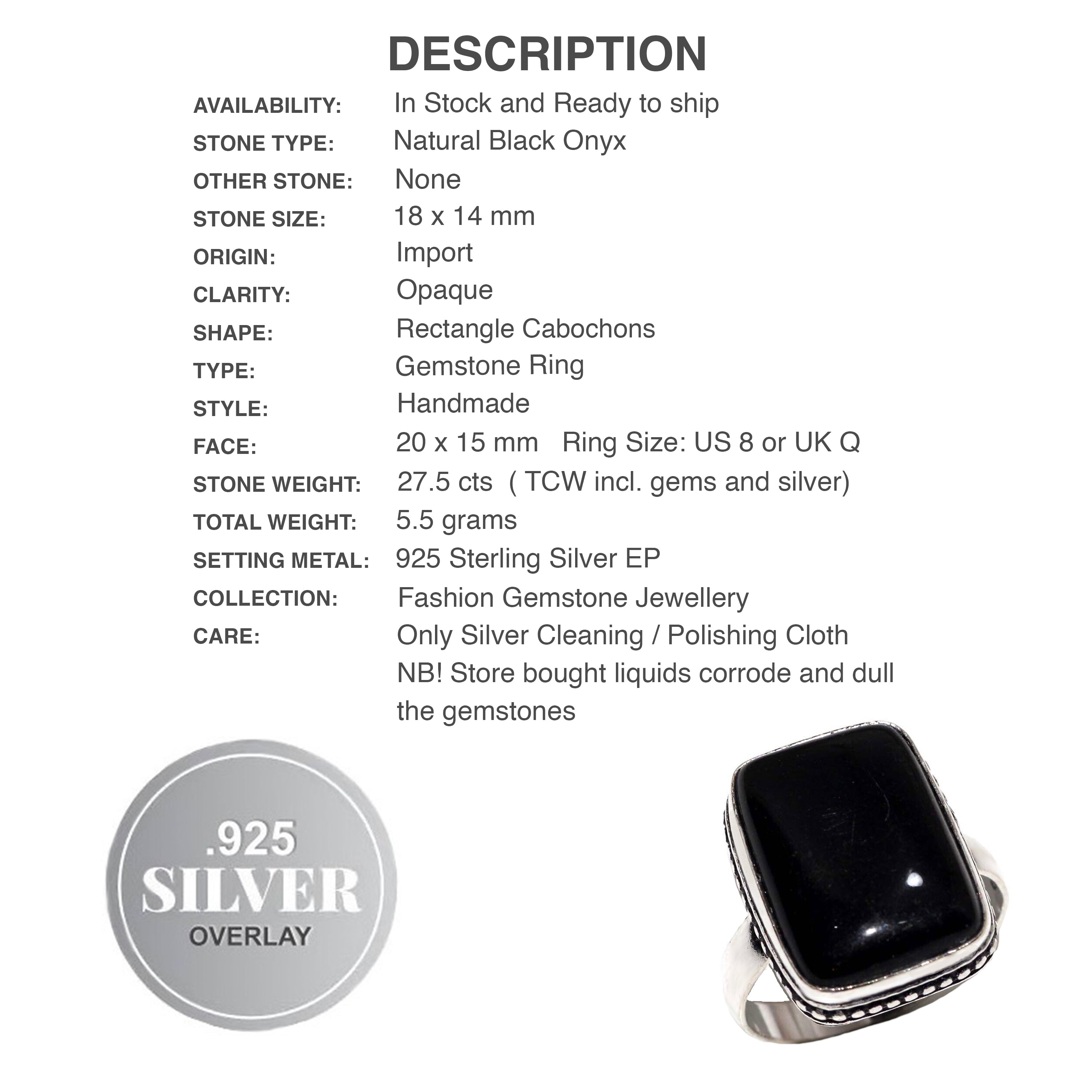 Handmade Black Onyx Rectangle Gemstone .925 Silver Ring Size US 8 or UK Q
