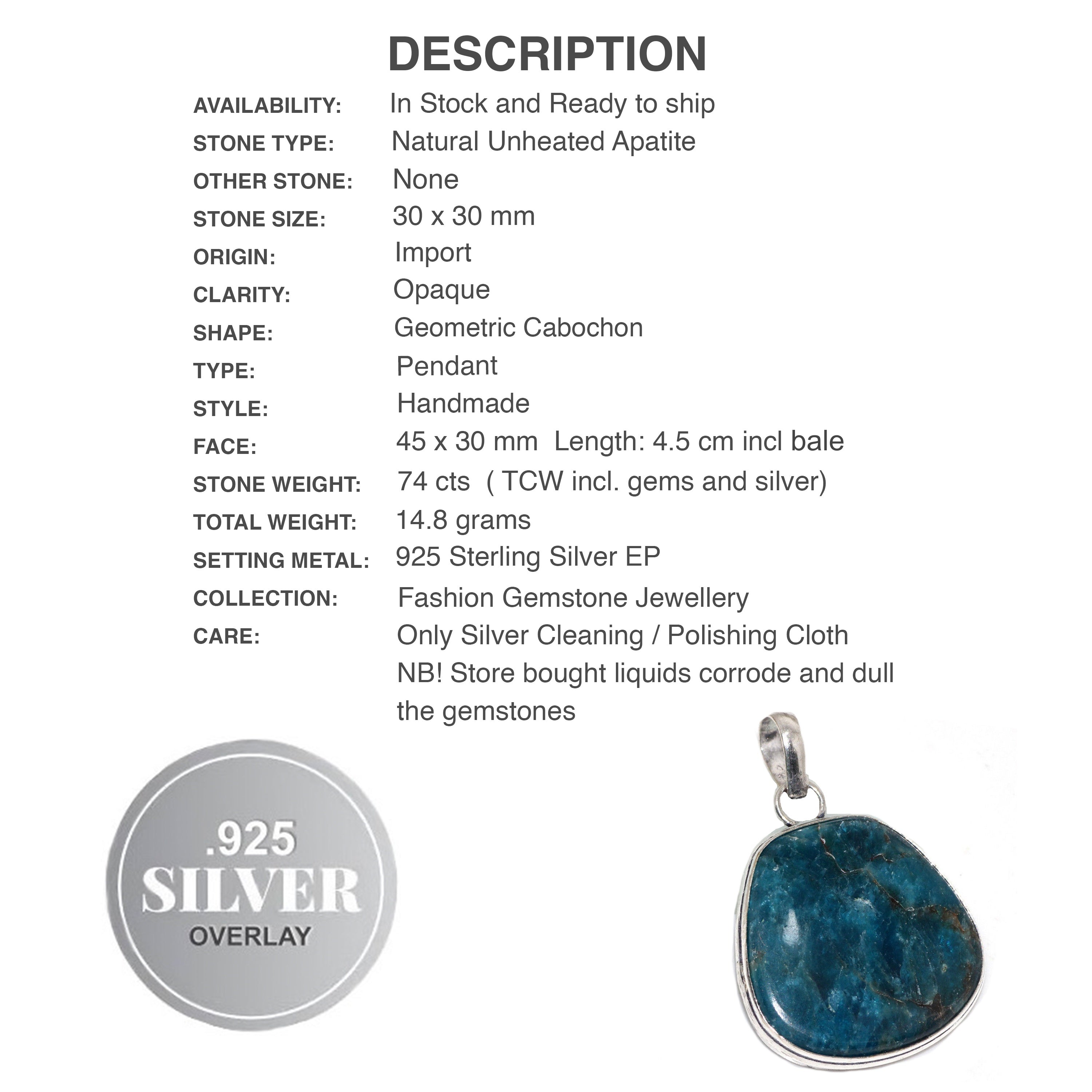 Natural Blue Green Apatite Gemstone .925 Sterling Silver Pendant