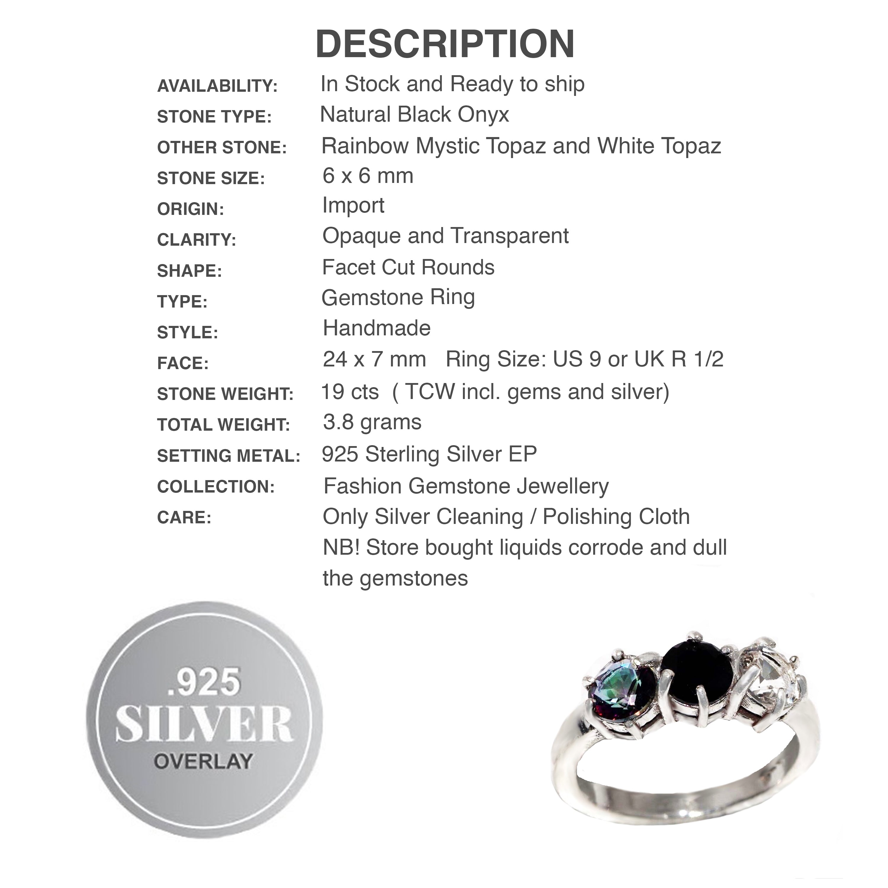 Handmade Black Onyx Rainbow Mystic and White Topaz Gemstone .925 Silver Ring Size US 9 or UK R1/2