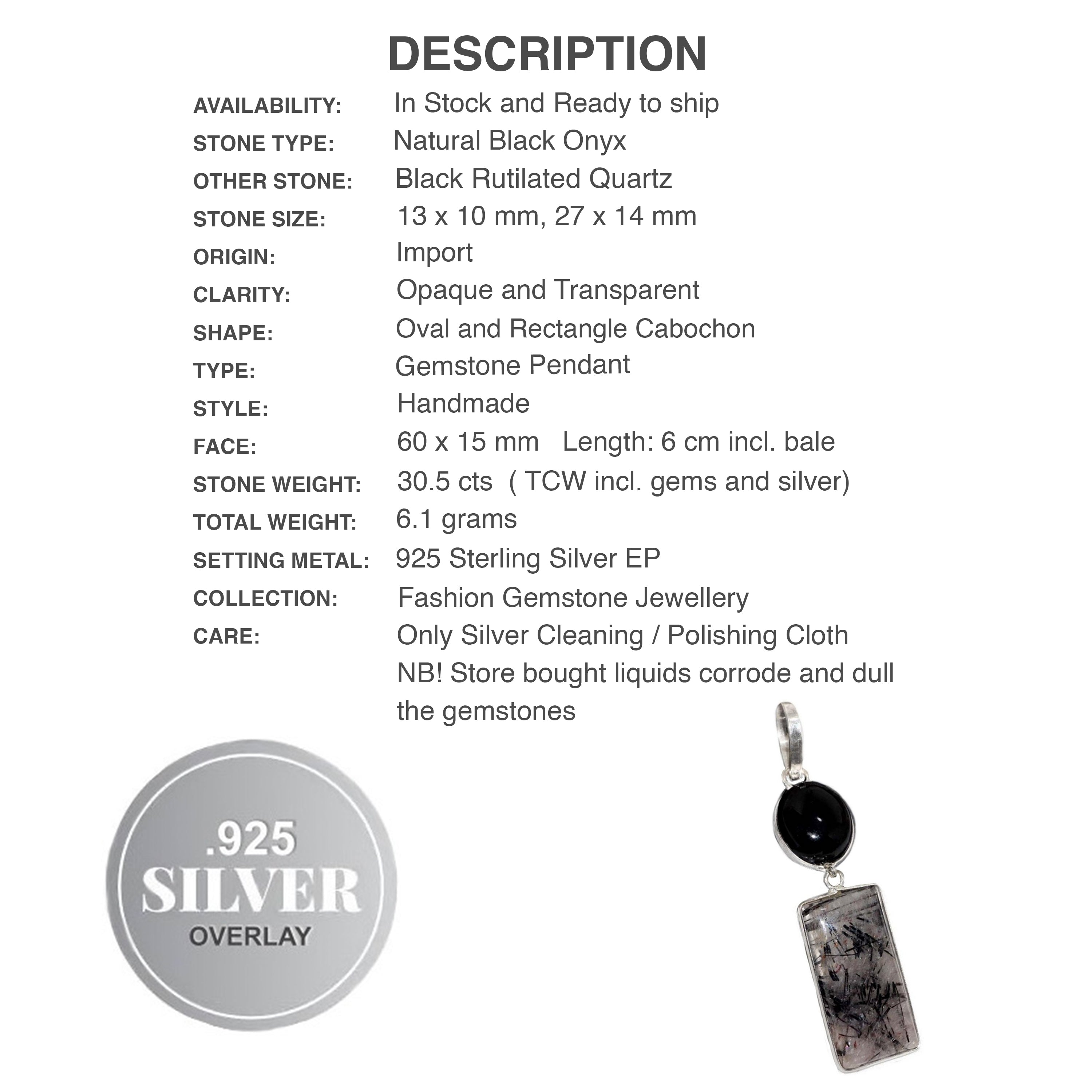 Handmade Black Onyx and Black Rutile Quartz Gemstone .925 Sterling Silver Pendant
