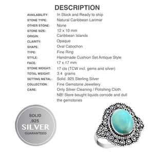Indonesian - Bali Java Natural Caribbean Larimar Gemstone Solid .925 Sterling Silver Ring Size 7 or O - BELLADONNA