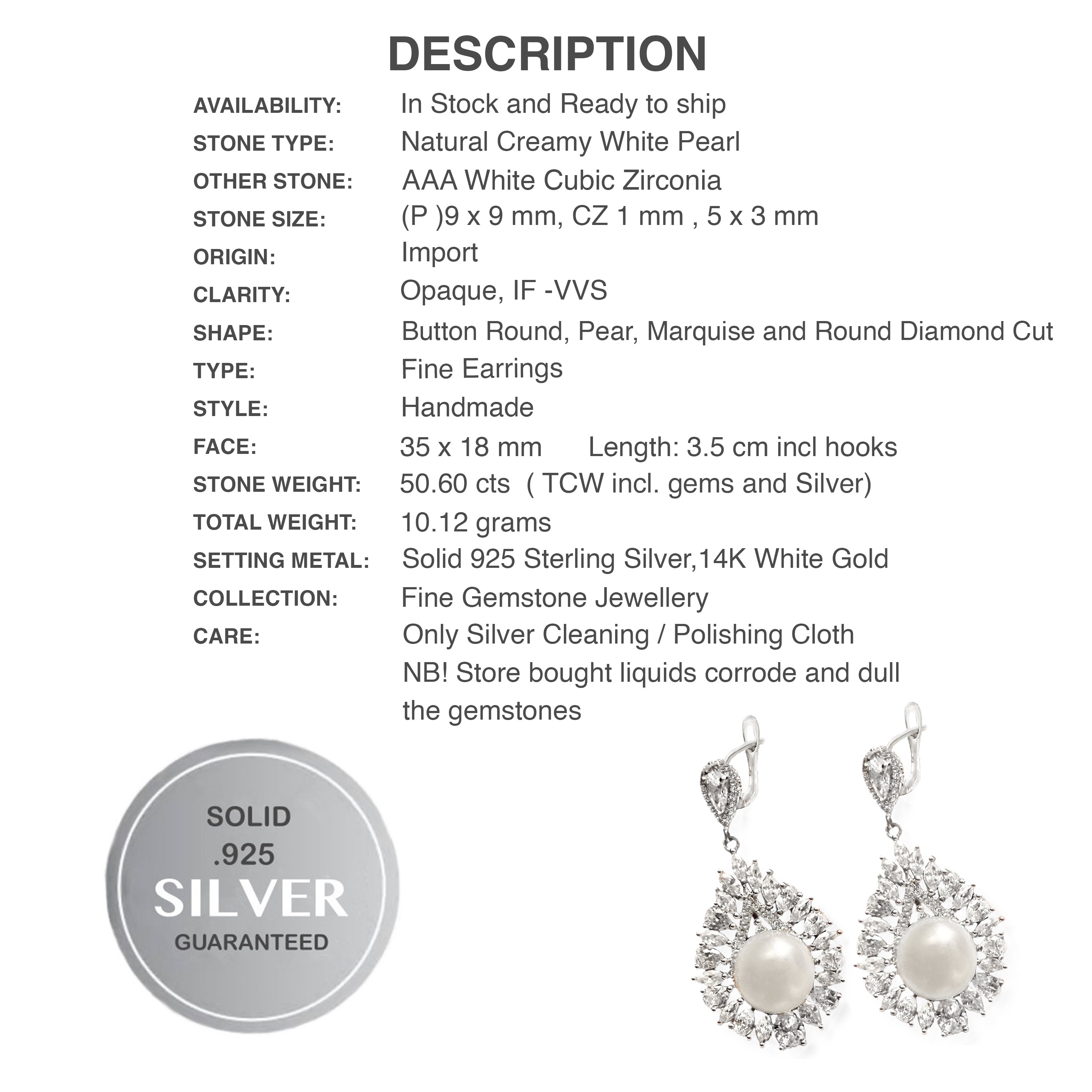 Deluxe Natural Creamy White Pearl ,White CZ Solid .925 Sterling Silver Earrings