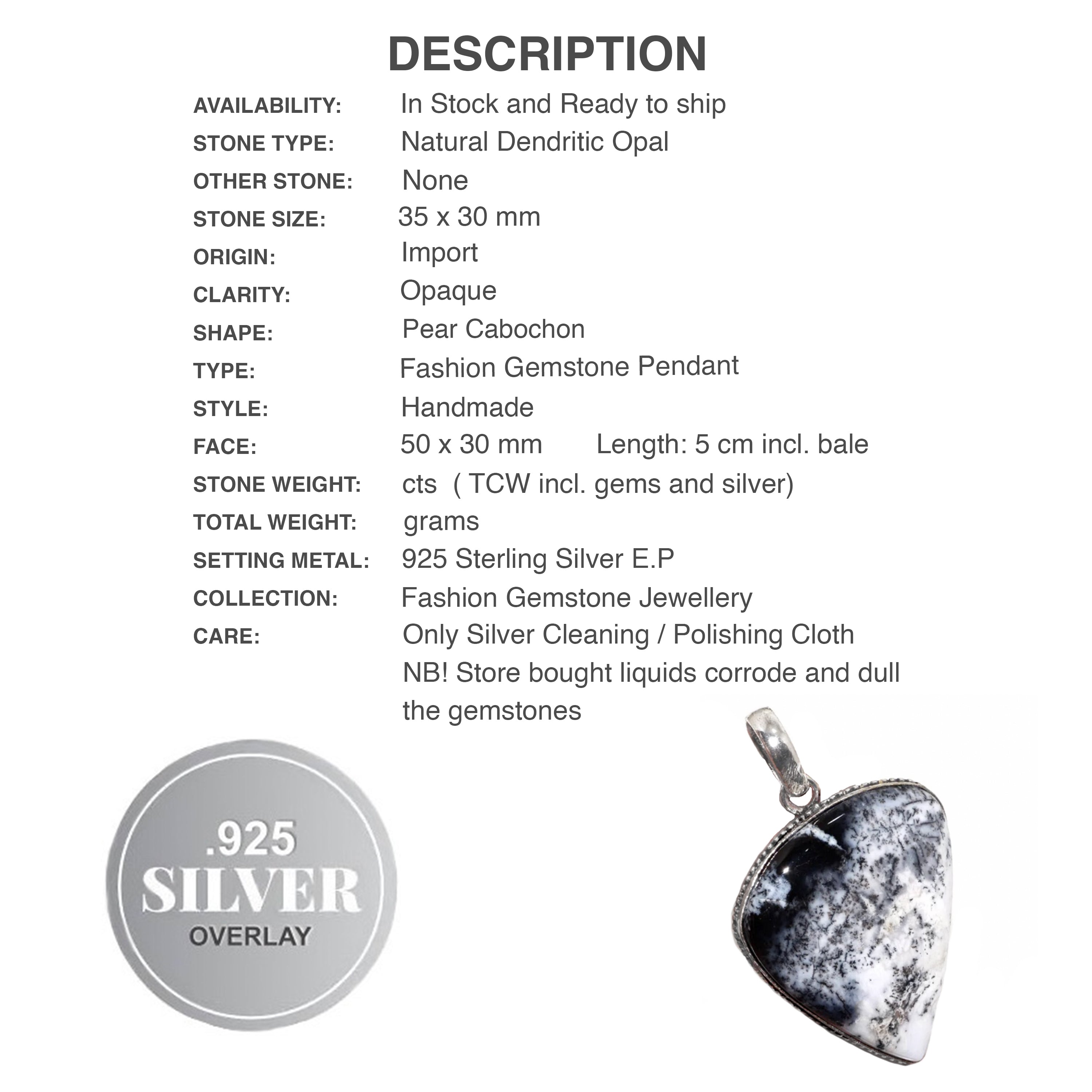 Natural Dendritic Opal Gemstone .925 Sterling Silver Pendant