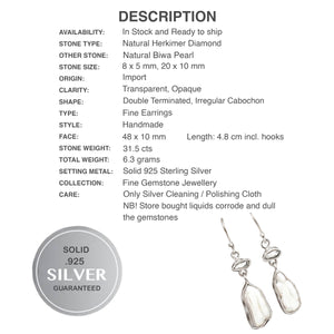 Natural Biwa Pearl, Herkimer Diamond Solid .925 Sterling Silver Earrings