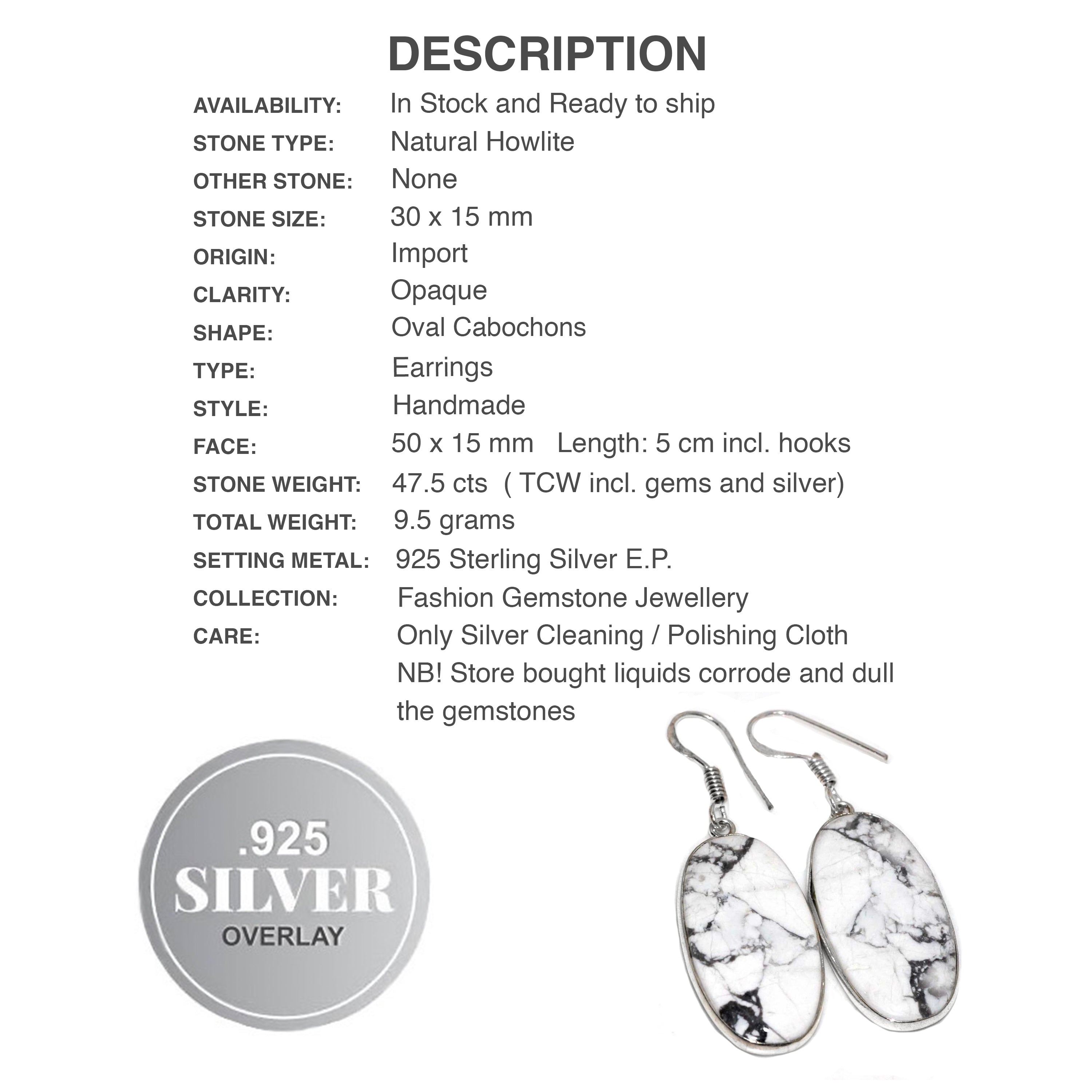 Natural Howlite Oval Gemstone 925 Sterling Silver Earrings