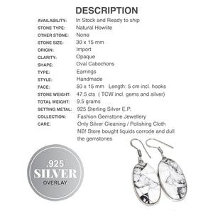 Natural Howlite Oval Gemstone 925 Sterling Silver Earrings